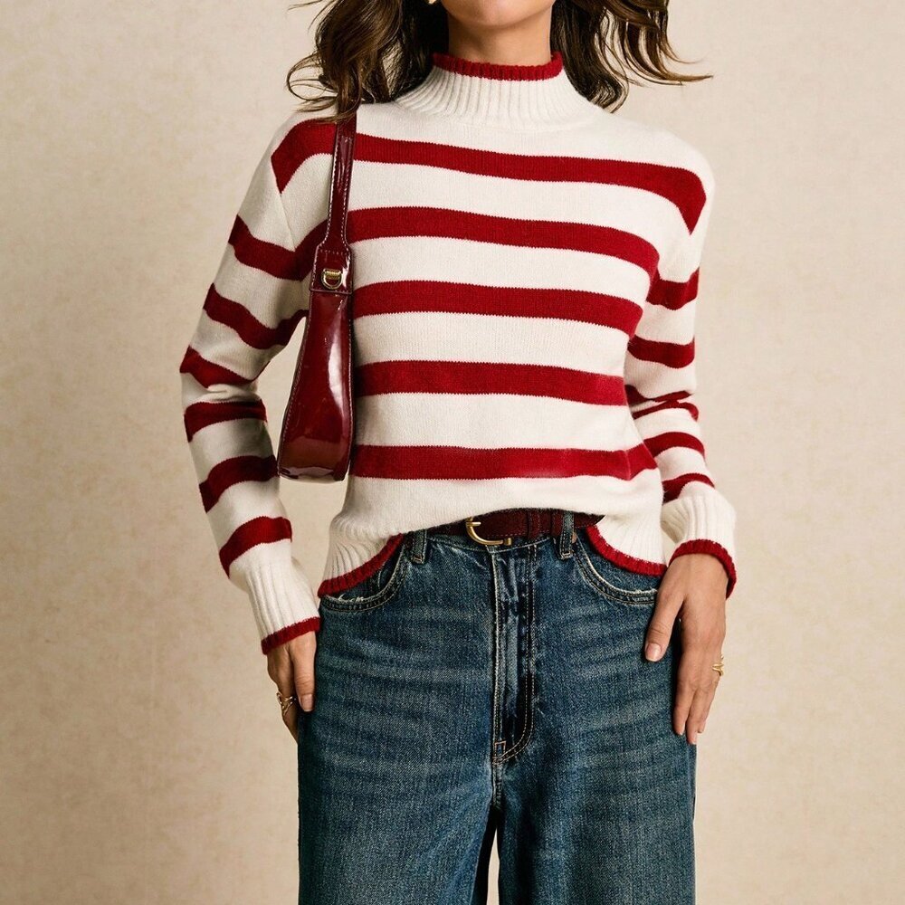 Red And White Casual Women's Colorblock Striped Stand Collar Sweater - Picture 8 of 9